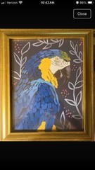 2 Framed Modern Parrot Bird Paintings – Blue & Yellow Macaw & Green Parrot
