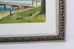 Vintage Lakeside Country Scene Watercolor Painting Signed Michelle Lemay Flesher