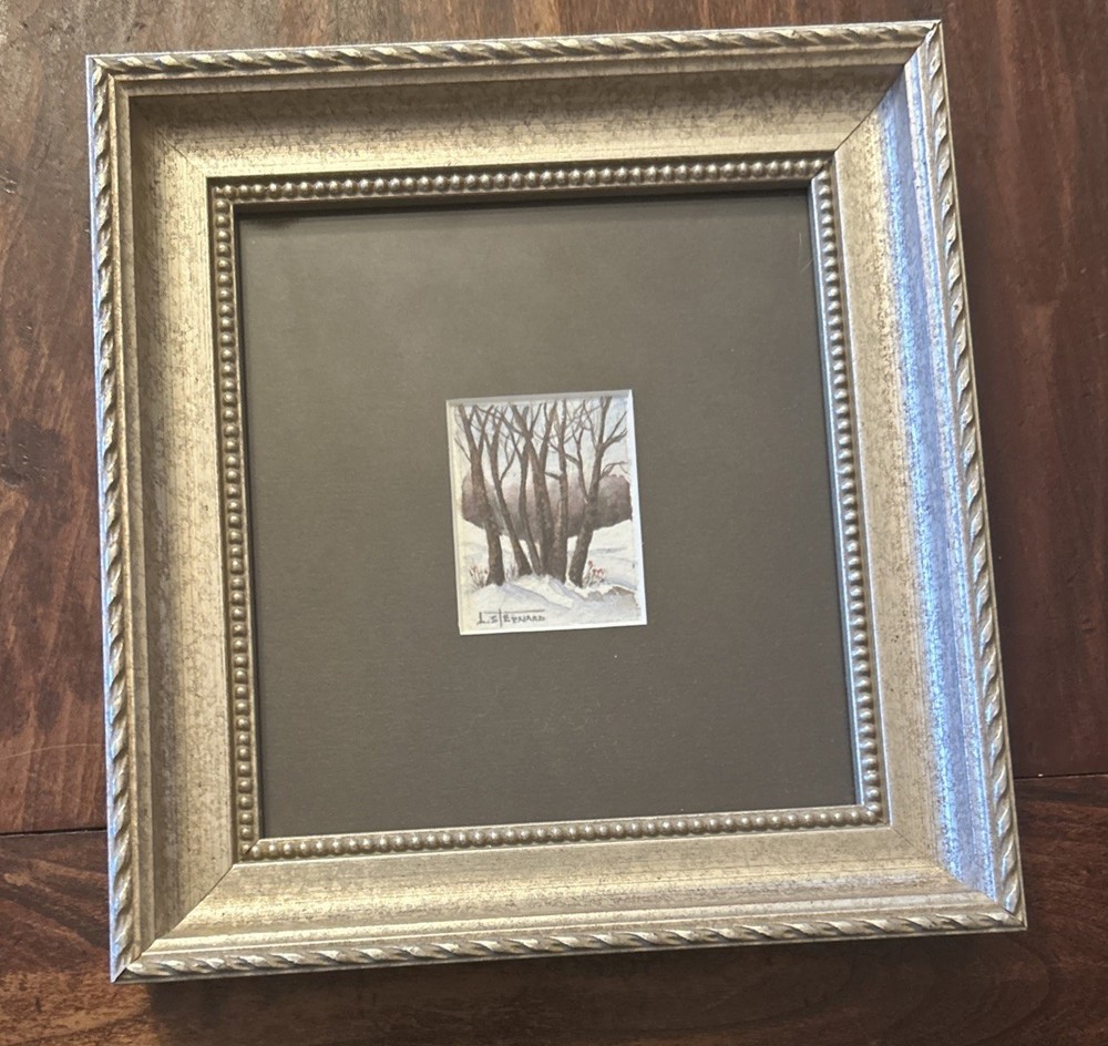 Vtg Original Mini Winter Woodland Watercolor 2” Signed: L. Sternard 7.5” Frame