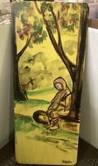 14” X 6” Vintage Original Oil Painting Humorous Hunter & Deer signed by Artist