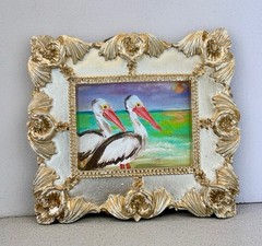 Coastal white pelican beach birds mini watercolor print in vintage ornate frame