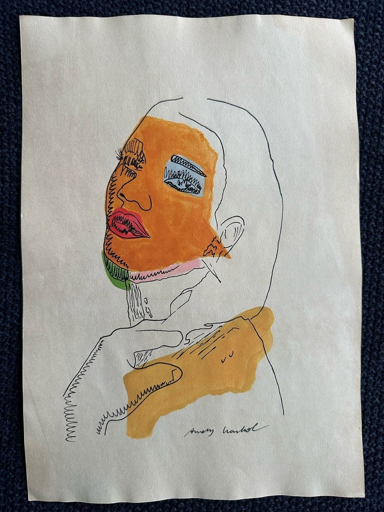 ANDY WARHOL drawing and painting on old paper signed stamped vintage