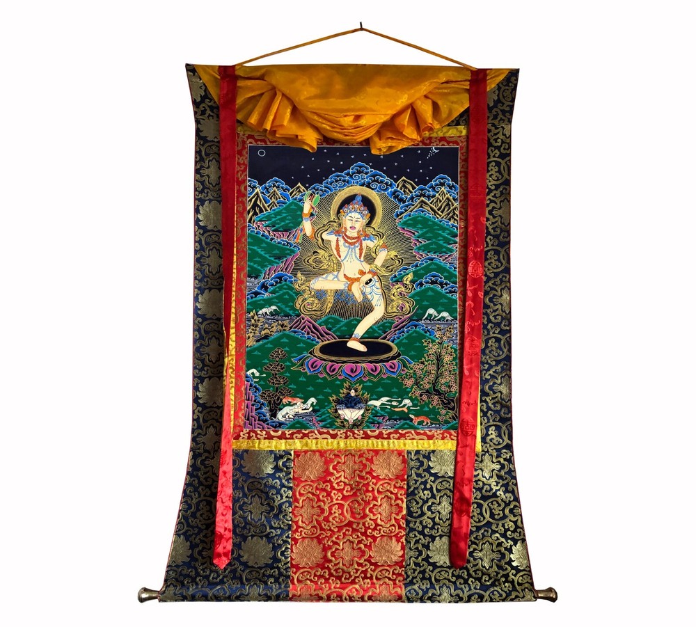 Machig Labdron Thangka Painting, Handmade Silk Brocade Mounted Machig Labdron