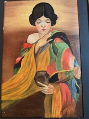 Vintage 1940s woman portrait original oil painting lady colorful framed art