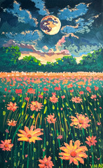 Wildflowers Painting Original Landscape Moon Forest Nature Impressionism Art