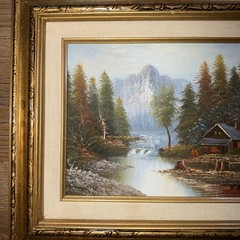 Small Oil Painting Mountains River Cabin Gold Gilt Ornate Frame Signed 15.5×13.5