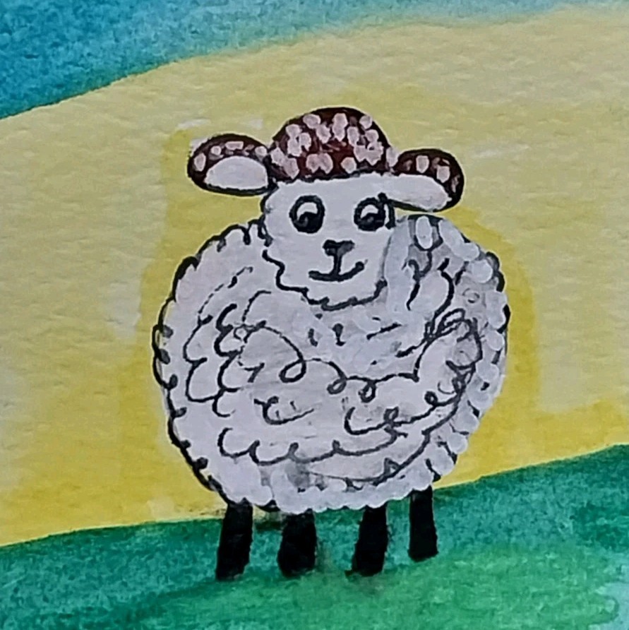 ACEO ORIGINAL „Sheep Lamb Landscape“ Artist GAT – ATC Art Card Painting Signed