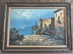 Antique ITALIAN LAKE LANDSCAPE VILLA SIGNED R.BURTON OIL PAINTING, Large 44”x32