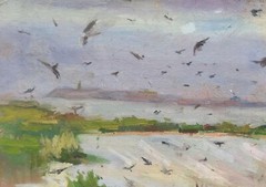 Oil painting Swallows Ukrainian painter cardboard framed original landscape art