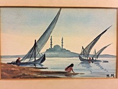 Watercolor of Famous Egyptian Mosque on Nile River Initialed HM Frame d & Matted