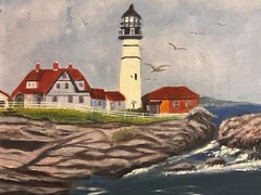 Vintage Artist Signed Painting Portland Head Lighthouse Maine Nautical Art Ocean