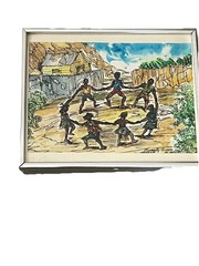 2 Vintage Jamaican Folk Art Watercolor Village Life Games Signed Canute Davis