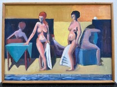 Expressionist Nude Women Poolside Modern Oil Painting Danish Art