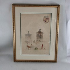Antique 1892 Framed Watercolor Painting F.R.Hirsh Estate Entrance Coat Of Arms