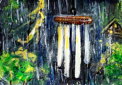 ACEO Original PAINTING Summer WINDCHIMES Storm Night Rain Trees CABIN ATC ART