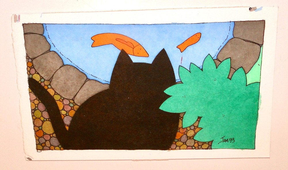 Vintage BLACK CAT Watching GOLDFISH in POND PAINTING Signed JAM 8.25″x5.25″ ~FUN