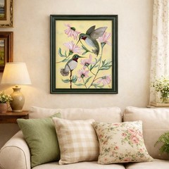 Hummingbirds Pink Flowers Original Acrylic Painting On Canvas Signed Framed Art