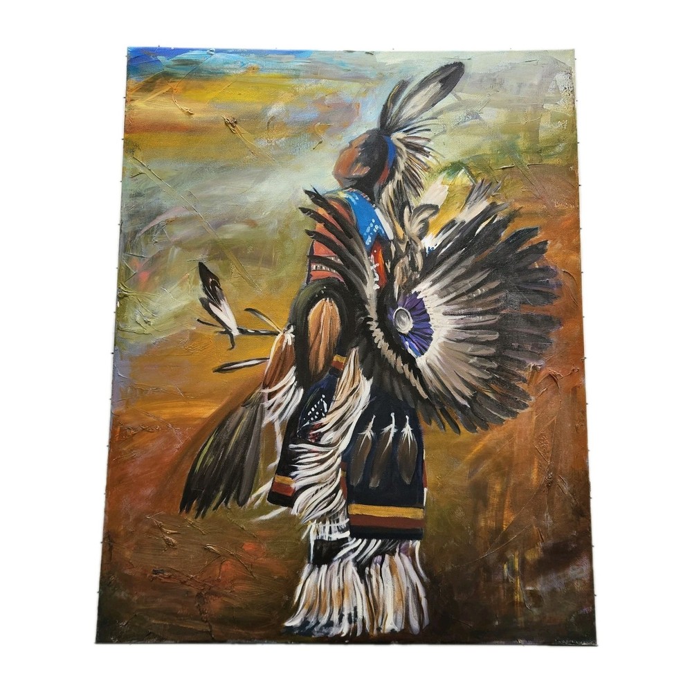 Native American Dancer Painting Acrylic on Canvas Signed Unknown Artist 28×22
