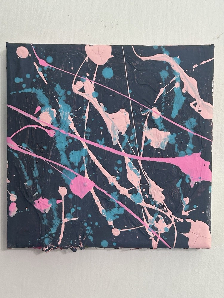 Abstract Pink Blue Black Acrylic Painting on Canvas, Small, 4×4 Inches Handmade