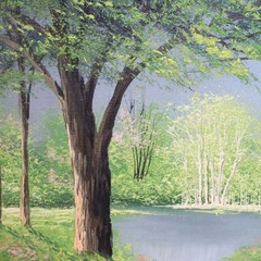 R Garcia Original Oil Painting Spring Landscape Tree Lake Pond Wood Framed