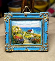 Coastal Cottage Original Mini Oil Painting, Framed Seascape Wall Art Beach Decor