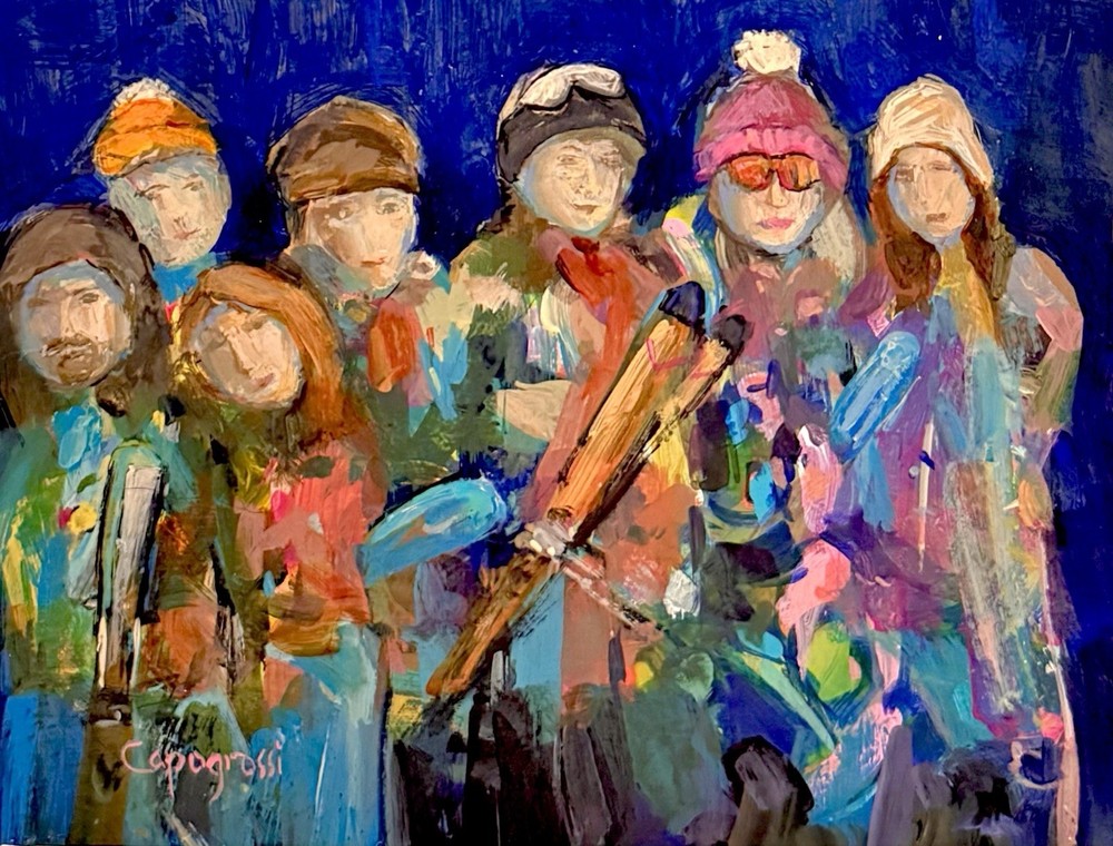 APRÈS SKI Original Painting Beth Capogrossi SKIING PEOPLE FIGURES WINTER SKIS