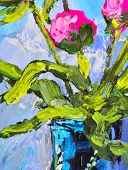 Peonies Flowers Oil Painting 15x20cm Blue Vase Painting on Painting Board
