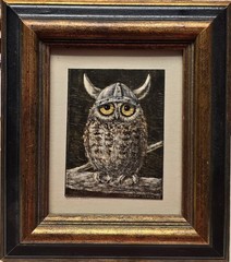 Rosie Clark (1929-2016) Horned Owl Oil Painting On Scratch Board 1965 Signed