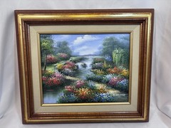 ART VTG Original Signed C. Jaffey Oil Painting 14”x13” Framed Waterfall & Flower