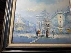 Verment? „Parisian City Street Scene With Figures“ Oil Painting – Signed/Framed