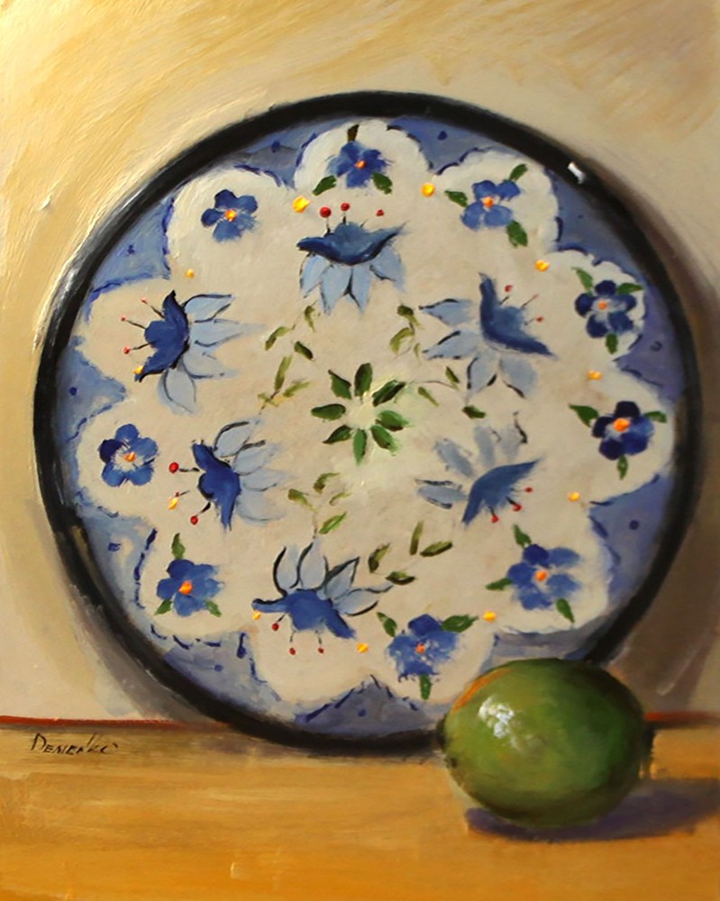Vintage plate and lime oil painting UKRAINE Demenko Natalia 8X10