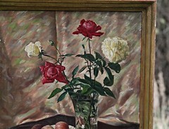 Oil Painting, Signed Erich Säuberlich – Still Life With Roses & Peaches – Framed