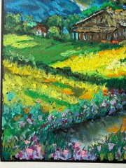 Abstract Landscape Original Art House in the Field Wall Art Oil Pastels Sunset
