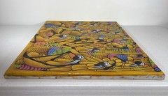 Vintage Signed JEAN Haitian Market Folk Art 23×19 Oil Painting on Cloth Canvas