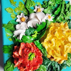 Art Handmade sculpture Painting On Canvas Texture Flowers Colorful 3D 4×4 inch