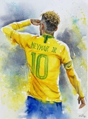 Neymar Jr Soccer original Watercolor Art. Framed , Vertical Wall Decor