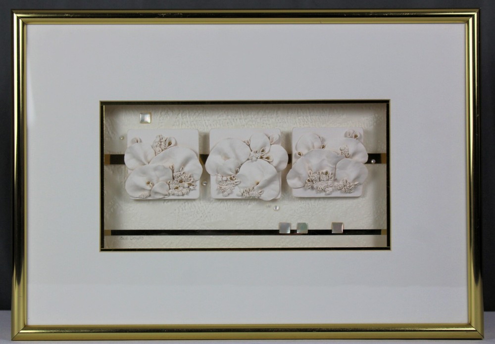 Sue Davis flower pottery tiles, shadowbox frame, Fort Wayne artist, post modern