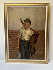 ANTIQUE PAINTING PORTRAIT FARMER FARM WORKER MAN MEN 19TH CENTURY MASTERFUL OIL