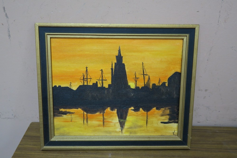 Vintage Signed Oil on Artists Panel Painting 8″ x 10″ Seashore Sunset Marina