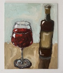 Wine Bottle & Glass Oil Original Painting Small Still Life Kitchen Decor