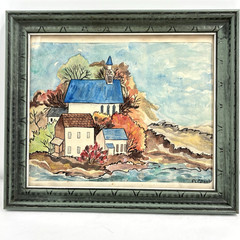 Vtg Folk Art Watercolor Village Church Maine Coastal Scene Signed Framed