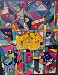 abstract pop art acrylic painting of Austin, Texas. Bats at night.
