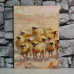 Sheep Painting Original Oil Artwork Landscape Abstract Modern Small Wall Artwork