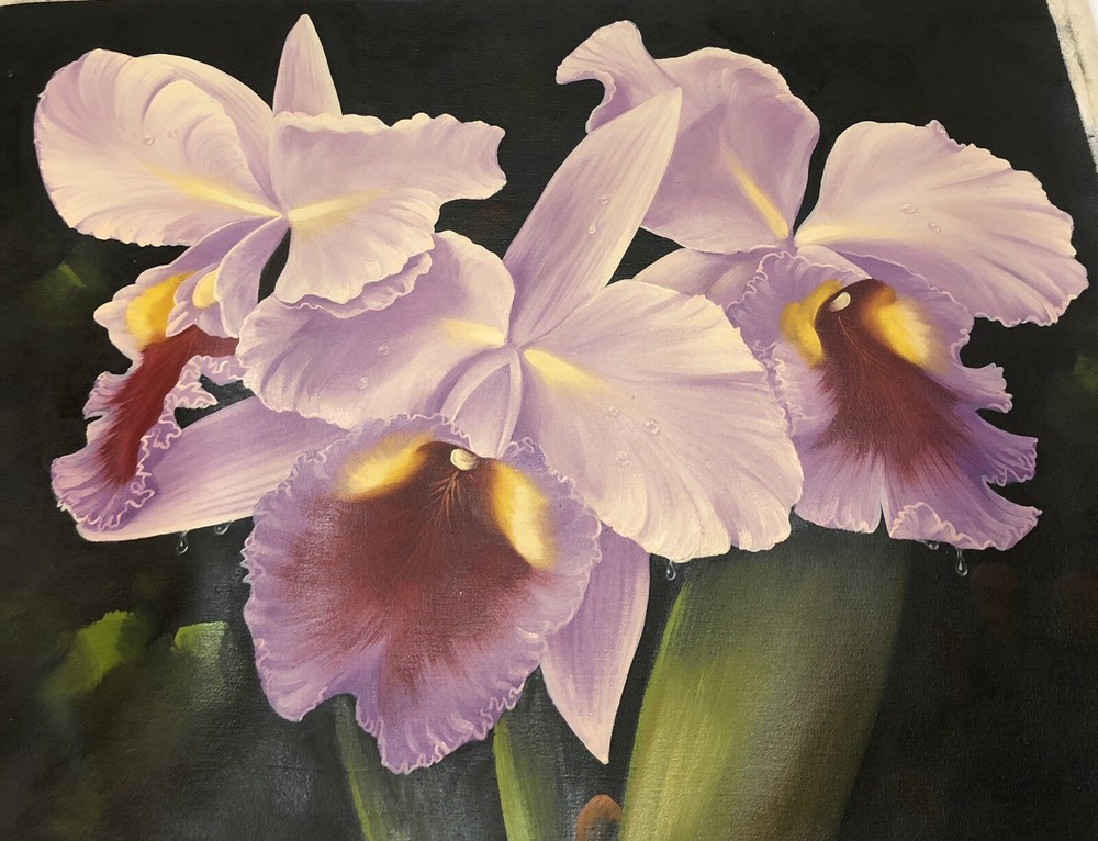 Vintage Original Oil Painting Iris Flowers Signed J. Sicangco 18 x 25 Canvas