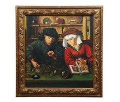 The Money Changer & His Wife Renaissance Oil Painting After Quentin Matsys 35″