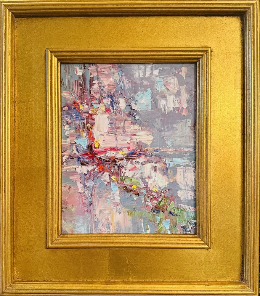 KADLIC Original Oil Painting Modern Abstract Landscape Pink Gray Gold Gilt Frame
