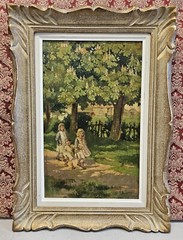 1904 Oil Painting CHILDREN WALKING UNDER CHESTNUT TREES by R.E. CLARKE England