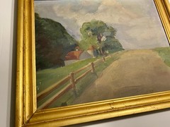 FRAMED WPA ERA IOWA REGIONALIST LANDSCAPE PAINTING 1930s BARNS, COUNTRY ROAD,