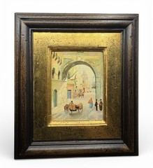 Antique European Miniature Italian Street Scene Painting in Gilt Frame Signed