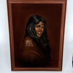 LG Vtg Original Signed Velvet Painting Portrait Native American Woman Framed Art
